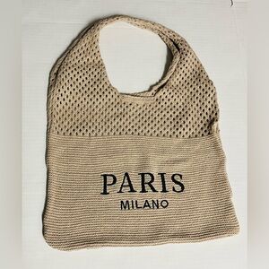 Tote Knit Beige Shoulder Bag  NWOT With Embroidered Words PARIS MILANO